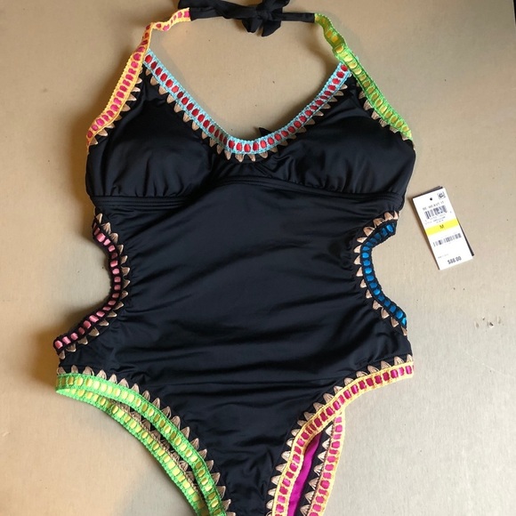NWT Bar III Womens One Piece Swimsuit Medium Large Black Be-Weave It Open Back - Picture 3 of 8